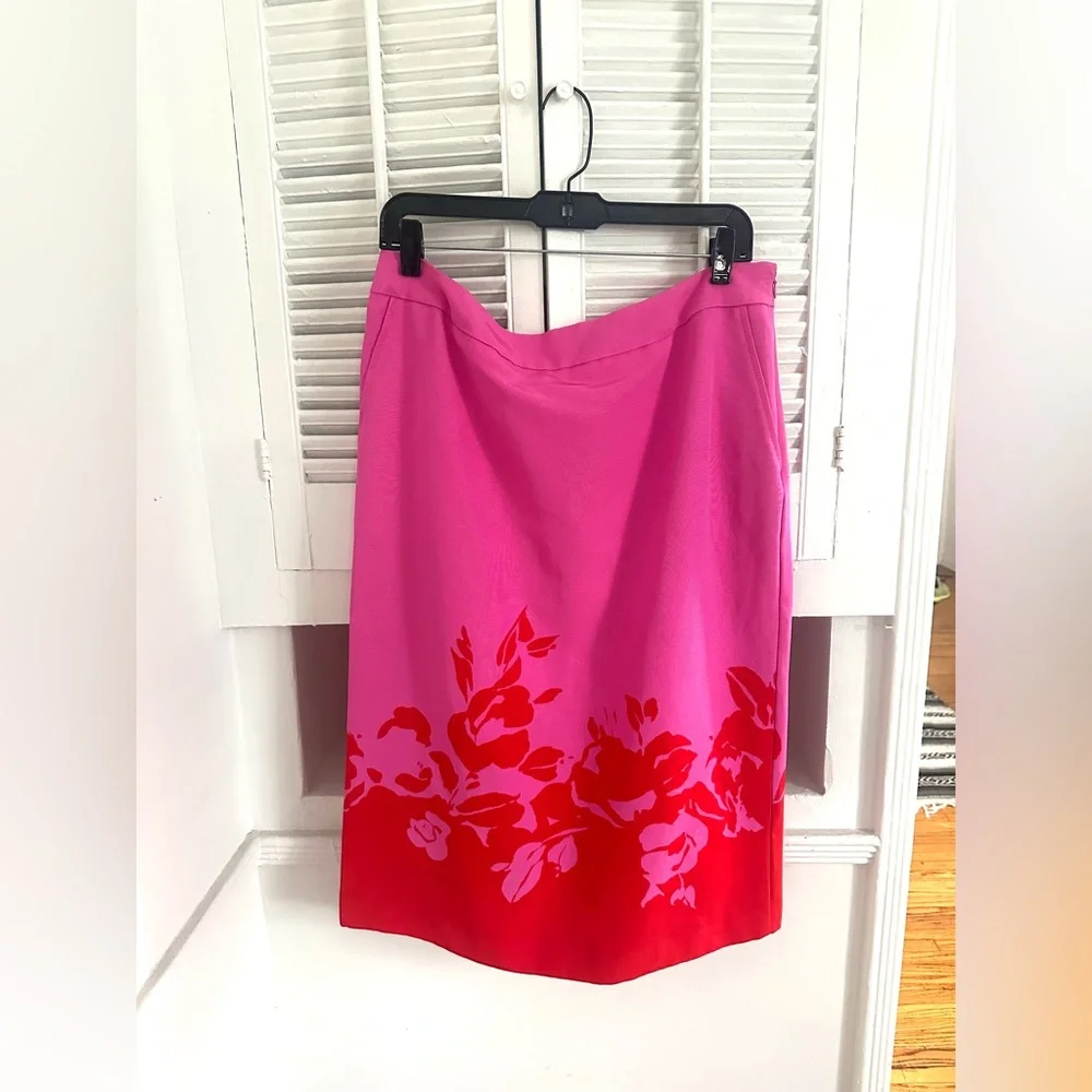 Bright Pink Midi A-Line Skirt with Red Floral Hem - Picture 5 of 8